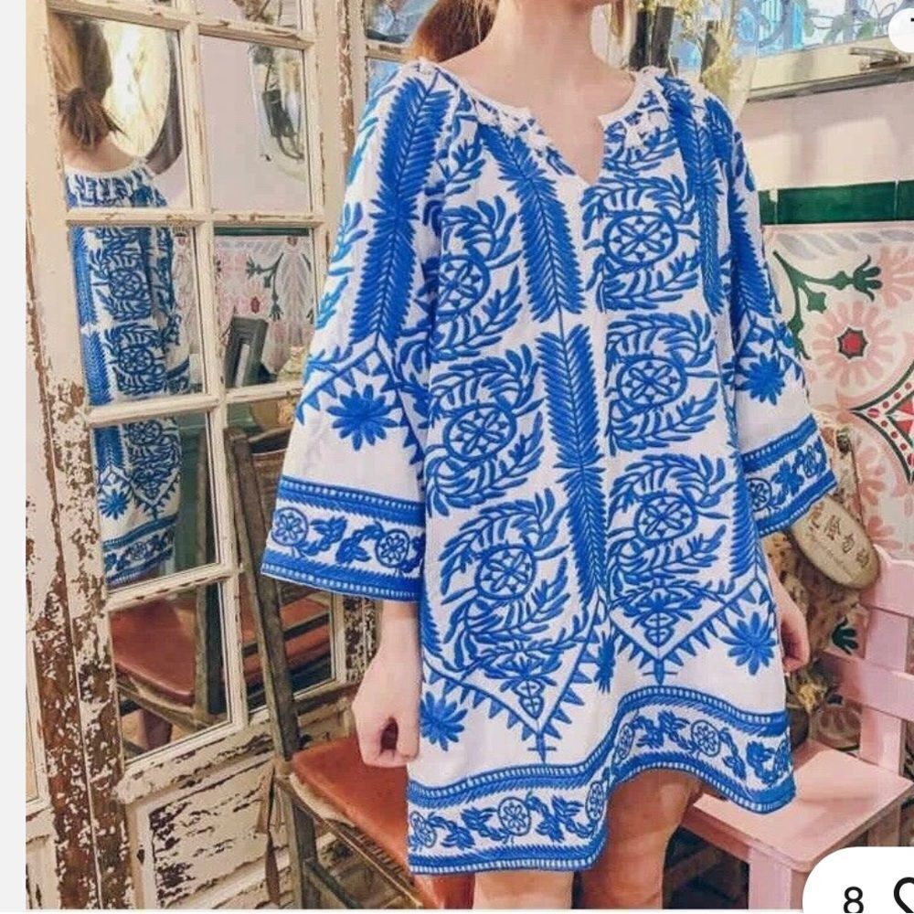 Beulah style blue embroidered midi dress. Size M/L